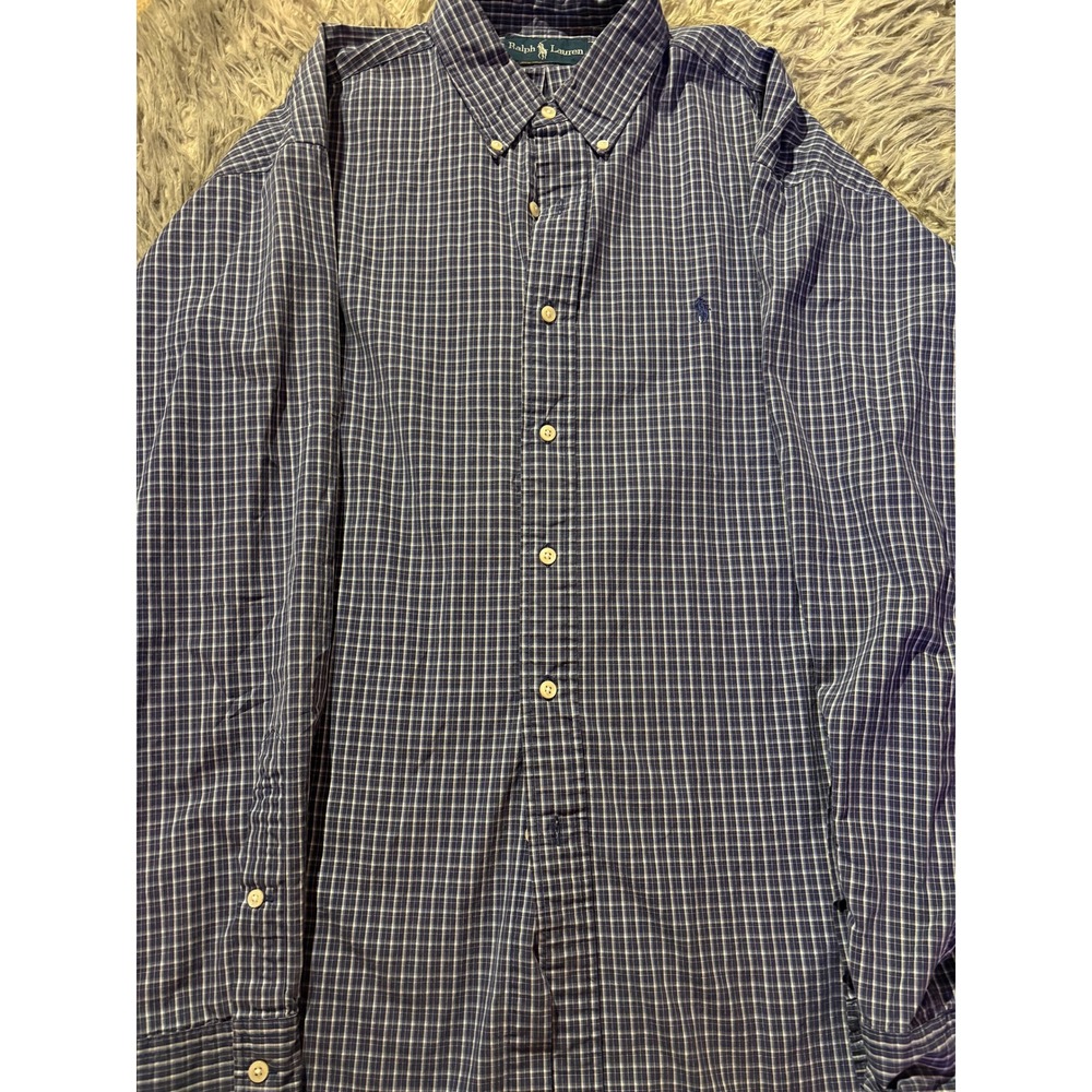 Ralph Lauren Blake L Blue Check Button Down Shirt 100% Cotton Classic Fit